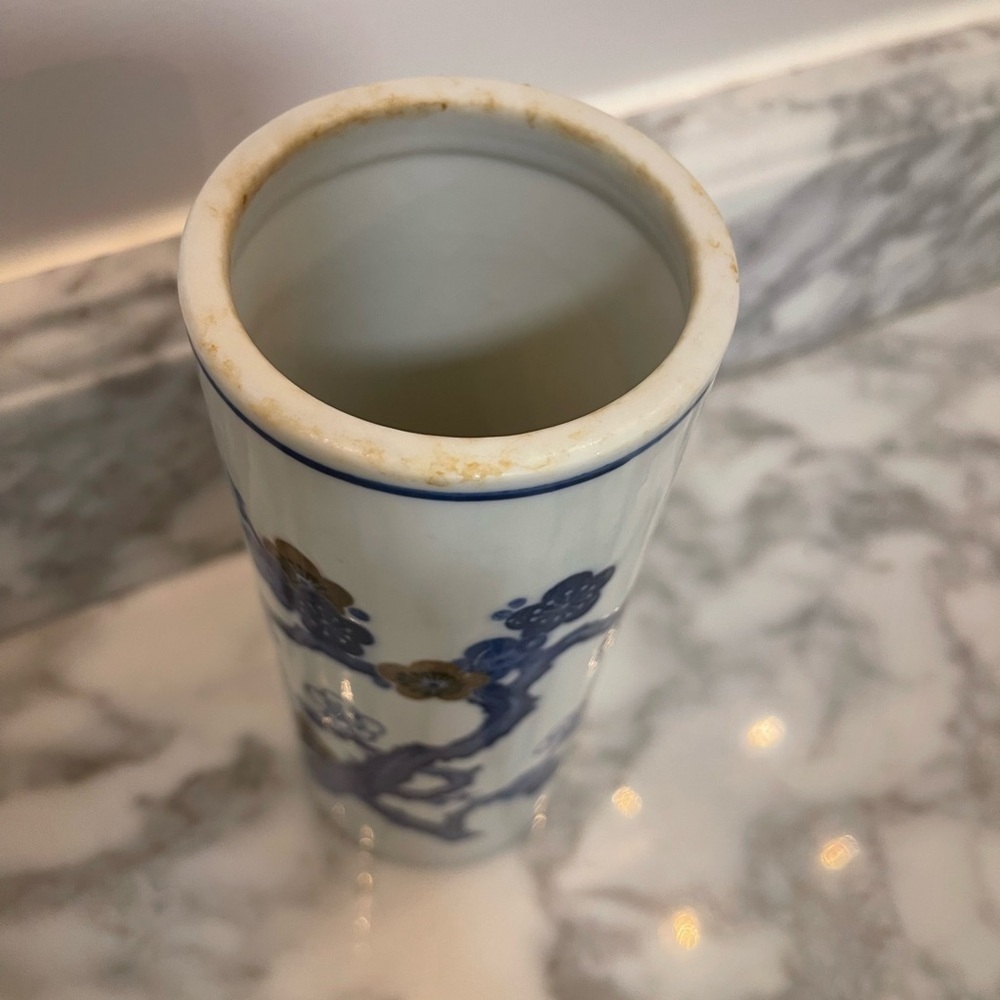 Chinese Porcelain Ceramic Blue White Plum Blossoms Vase Brush Pot 7” T - Picture 7 of 12